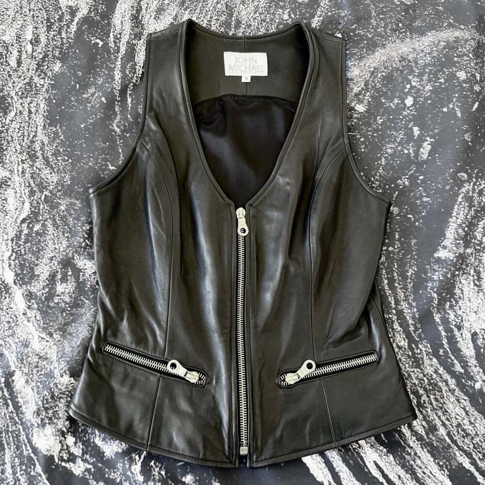 John Michael Women's Vintage Black Genuine Leather Zippered Vest Y2K S